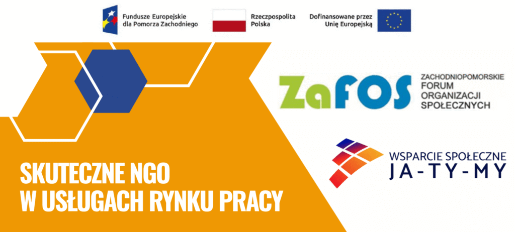 Grafika promująca projekt „Skuteczne NGO w usługach rynku pracy”. Na górze znajdują się logotypy: Fundusze Europejskie dla Pomorza Zachodniego, Rzeczpospolita Polska oraz Unia Europejska z napisem „Dofinansowane przez Unię Europejską”. Po prawej stronie widoczne są logotypy organizatorów: Zachodniopomorskie Forum Organizacji Społecznych ZAFOS oraz Stowarzyszenie Wsparcie Społeczne „Ja-Ty-My”. Na pomarańczowym tle, w dolnej części grafiki, znajduje się biały napis: „Skuteczne NGO w usługach rynku pracy”.